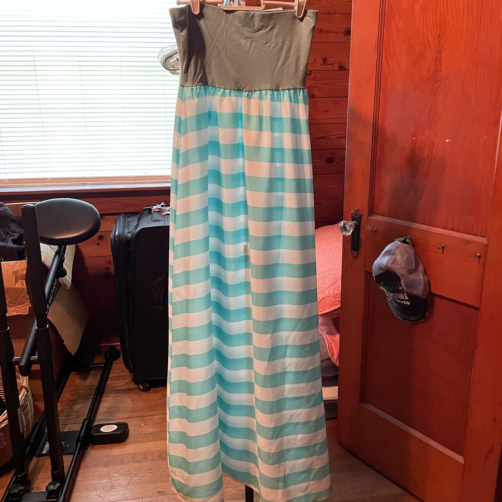 Turquoise and white stripe maxi dress size small